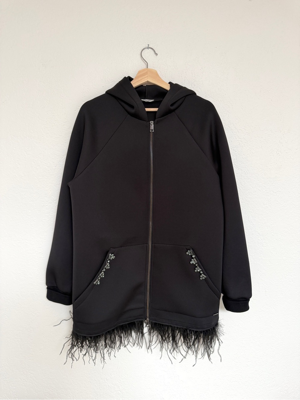 LIU JO black zip up long hoodies with ostrich feather trim